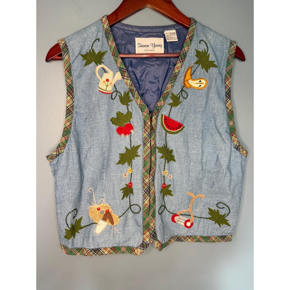 Vintage Embroidered Linen Vest Garden Fruit Plaid Trim Cottagecore Large